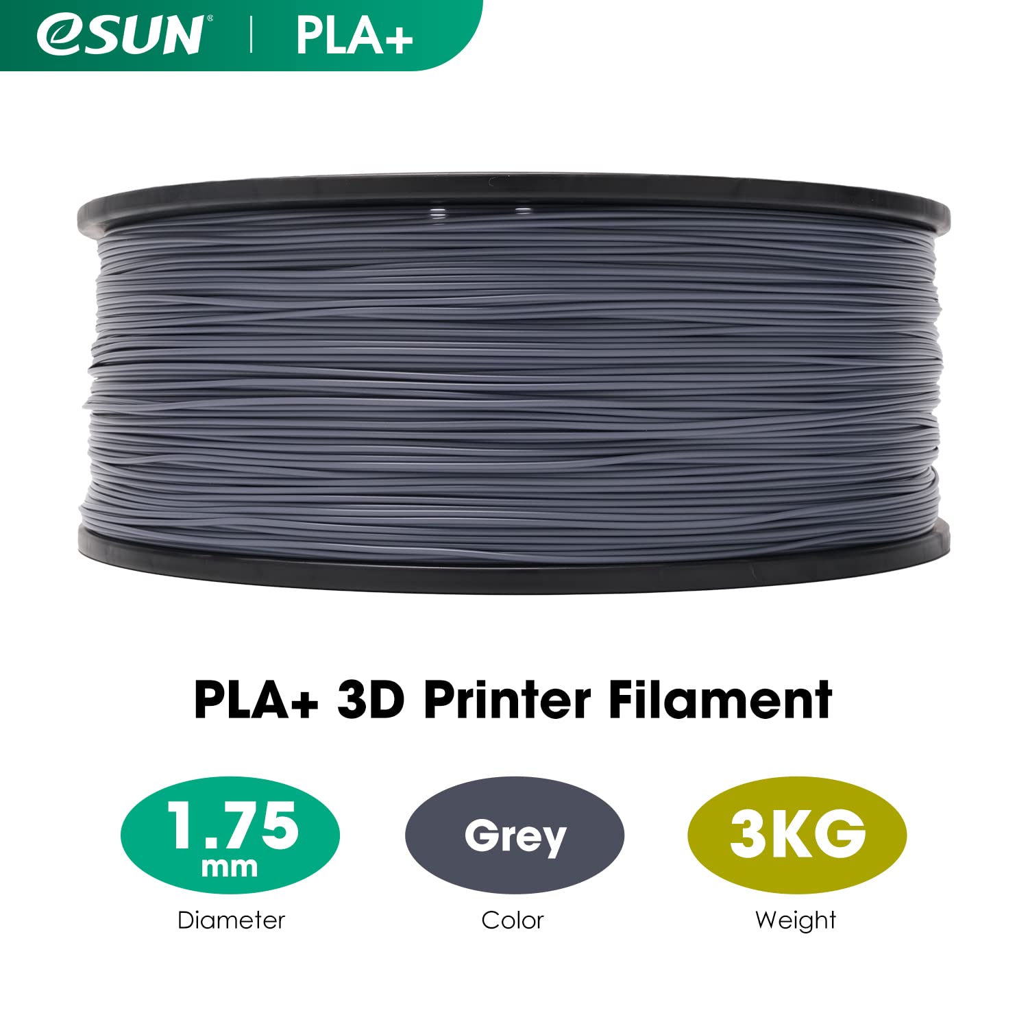 eSUN Filamento PLA+ 1.75mm, Filamento per Stampante 3D PLA Plus, Precisione Dimensionale +/- 0.03mm, Bobina da 3kg (6.6 libbre) Filamento per Stampa 3D per Stampanti 3D, Grigio