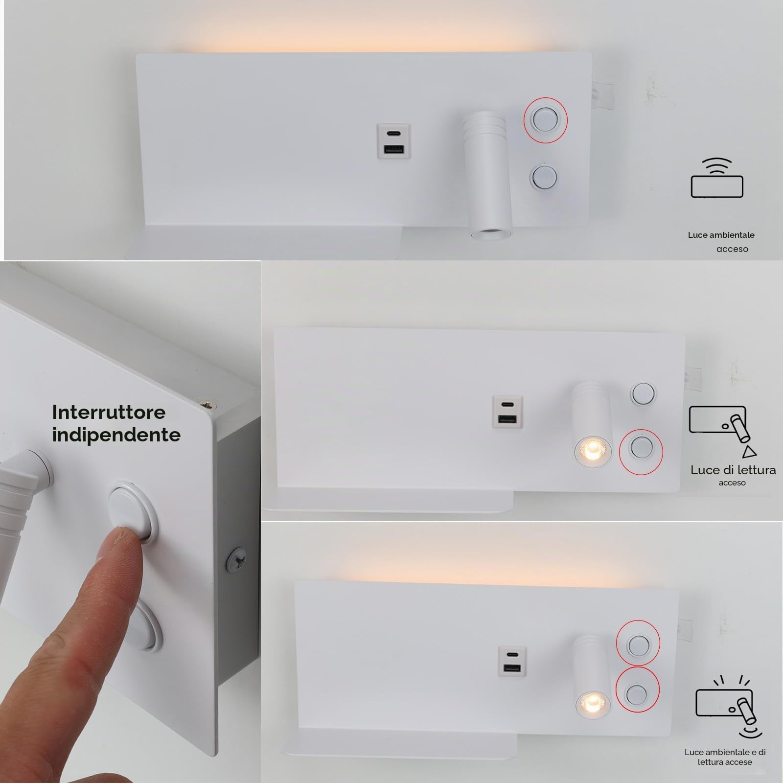 Alpinaluz Applique da Parete LED Bianco con Faretto Destro Orientabile per Camera da Letto Testiera, Luce Ambientale 2700K, Ricarica USB-C + USB-A, Mensola Metallica e Interruttori Indipendenti