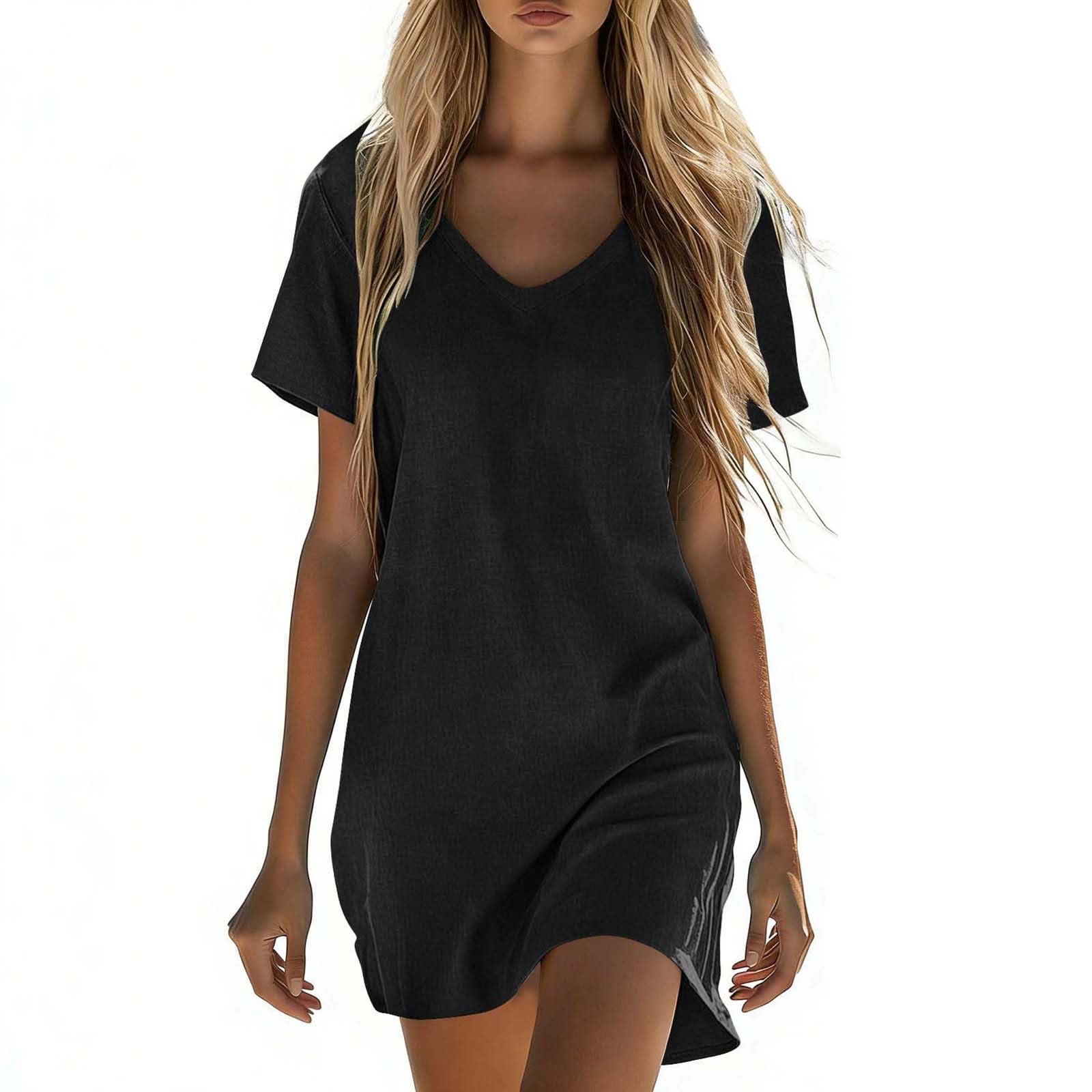 RLEHJN Sommerkleid Damen Midi,Baumwolle Leinen Kleid Kurzarm Saum Taille Freizeitkleid V-Ausschnitt Sommerkleid Damen Leicht und Luftig Casual Strandkleid Einfarbig Midikleid Tshirt Kleid S-5XL