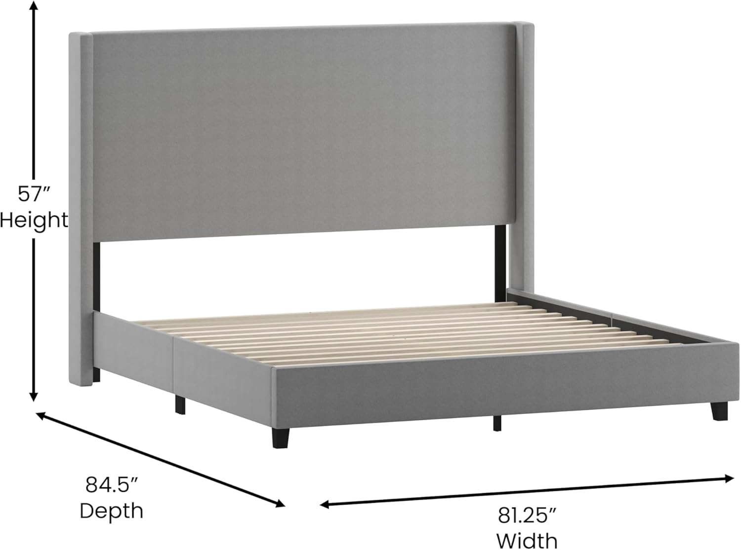 Flash Furniture Quinn Upholstered Platform Bed - Gray Channel Stitched Wingback Headboard - King - Mattress Foundation with Slatted Supports - No Box Spring Needed