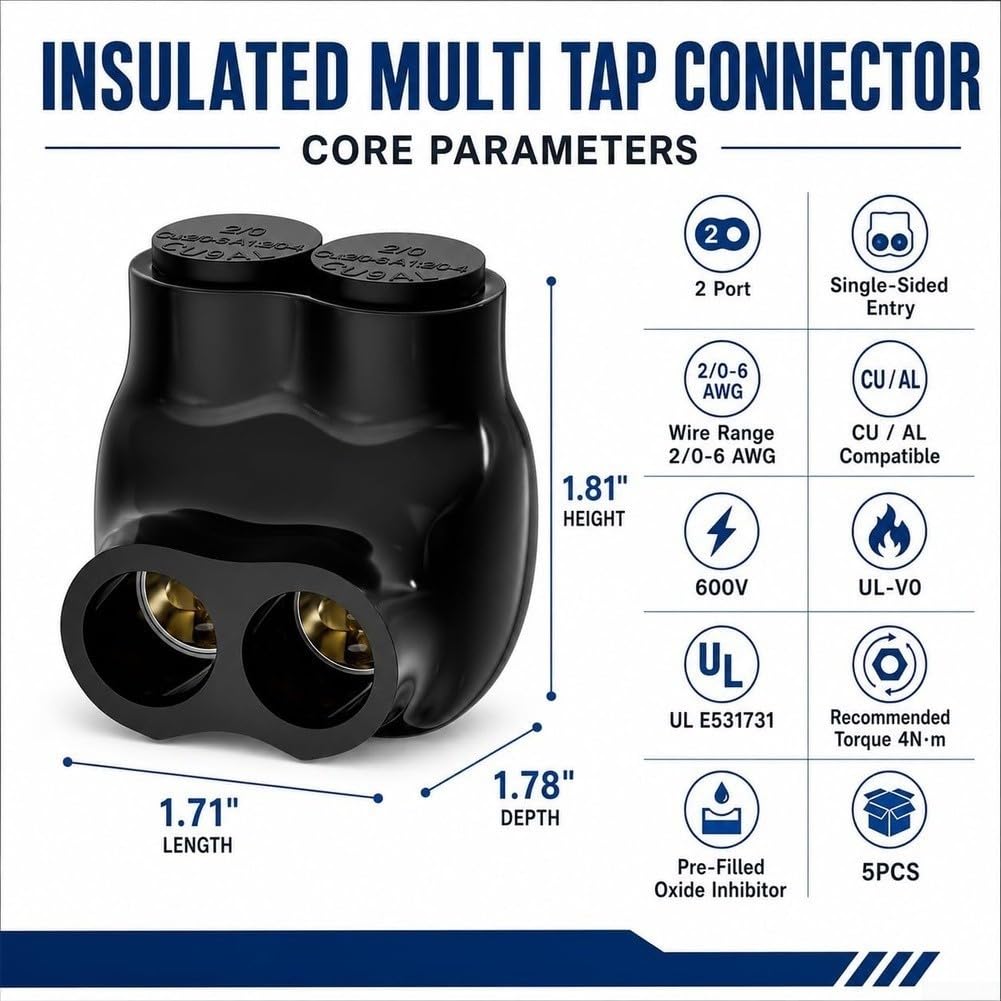 5 morsetti per cavi a doppia porta da 2/0 a 6 AWG, isolati per TÜV, per esterni, barche, marine, morsettiere sicuri e robusti
