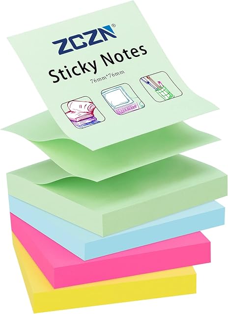 ZCZN Pop-up Sticky Notes 76 x 76 mm, 4 Pads Assorted Colours Self-Stick Notes, 100 Sheets/Pad (Rose Red,Yellow,Light Green,Light Blue)