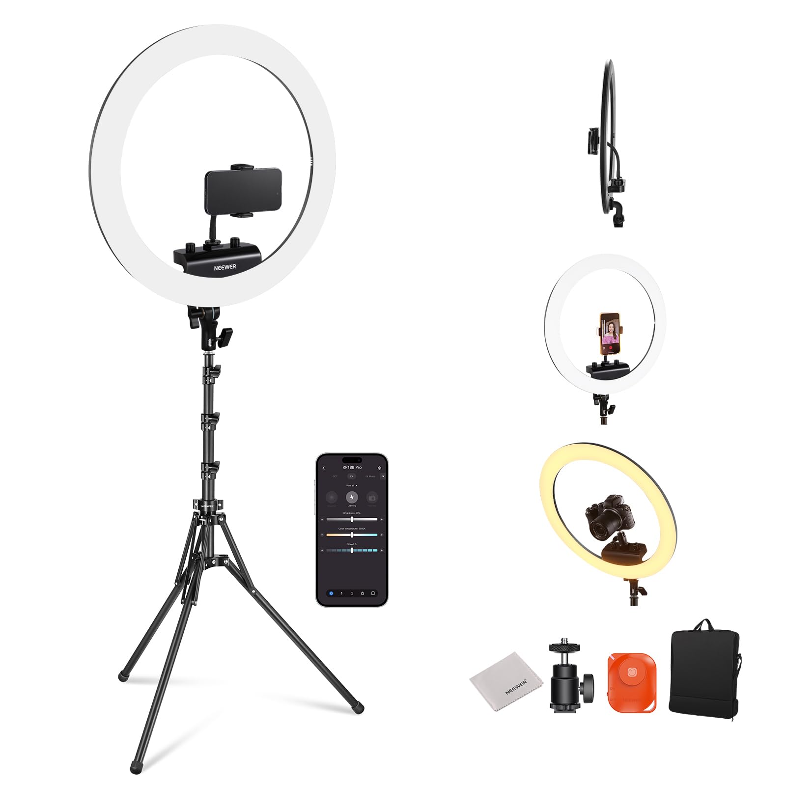 NEEWER RP18B Pro Aro de Luz 18" con Trípode y Soporte para Móvil, Compatible con iPhone, 45W 2900K-7000K App Control, Paño de Limpieza, Vídeo Selfie Maquillaje Estudio Iluminación de Streaming, Negro