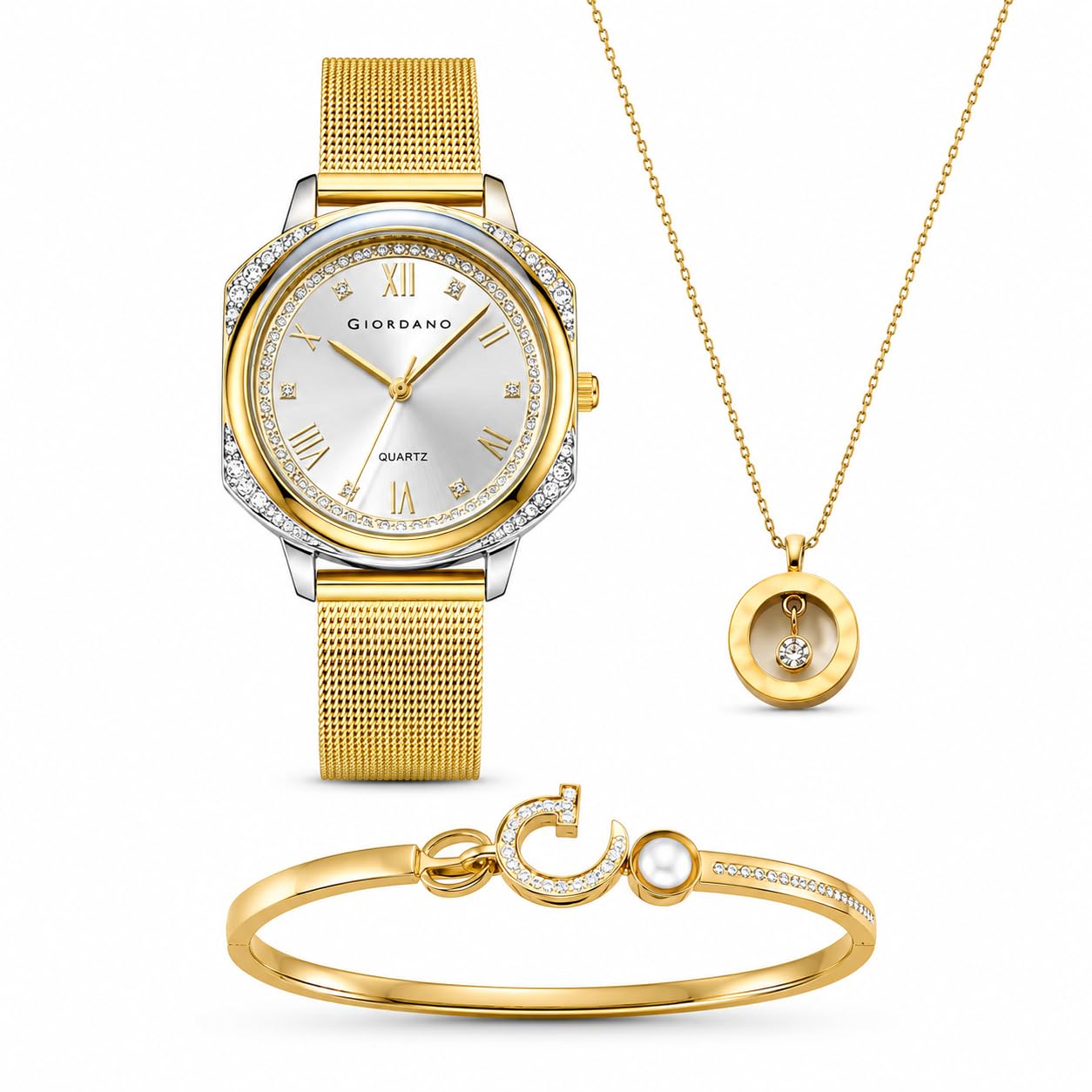 giordano Analog Quartz Watch Gift Set for Women – 3 Piece Combo with Mesh Strap, Roman Numeral Crystal Studded Dial, Round Pearl Pendant Necklace & Moon Star Charm Bangle Bracelet - GZ-60183-picture-29