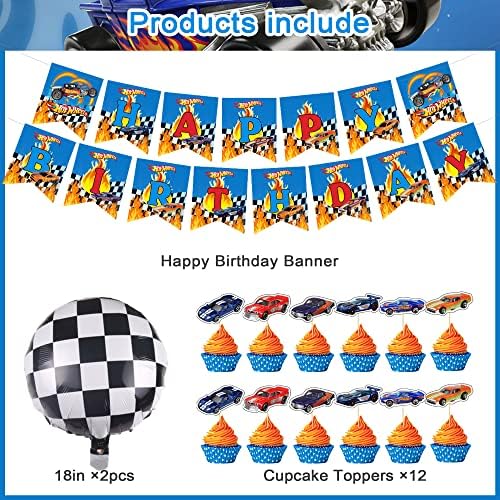 Hot Wheels Birthday Party Supplies,Hot Wheels Party Decorations Included Banner, Tablecloth, Hanging Swirls, Cake Topper, Cupcake Toppers, Balloons for kids Birthday Party Decoration