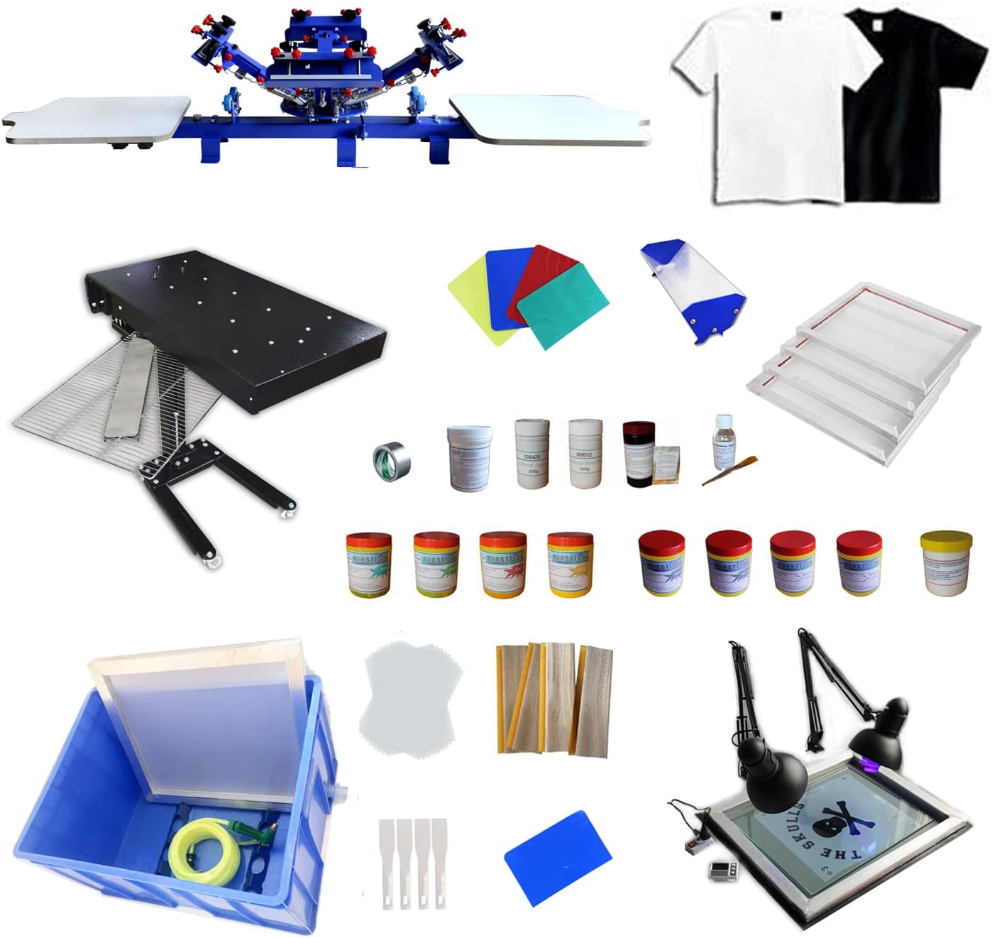 Tianiuseen Screen Printing Kit 4 Color 2 Station Silk Printing Press Equipment with T-Shirt Screen Printer UV Exposure Unit and Flash Dryer for Screen Printing