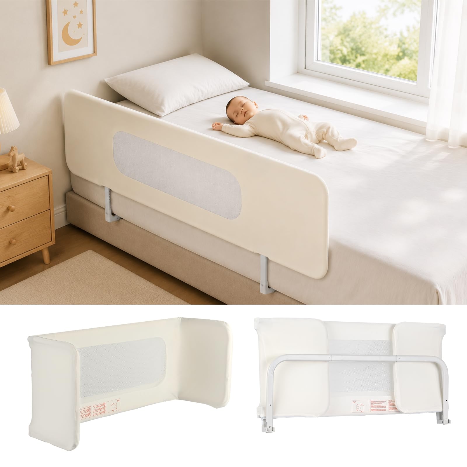eSynic Barriera Letto Bambini 150cm, Pieghevole e Portatile da Viaggio, Altezza Regolabile su 19 Livelli da 2-26cm, Sponda Lettino a Tre Ante per Piccoli 0-5 Anni, Forma Variabile a L, U e I - Beige