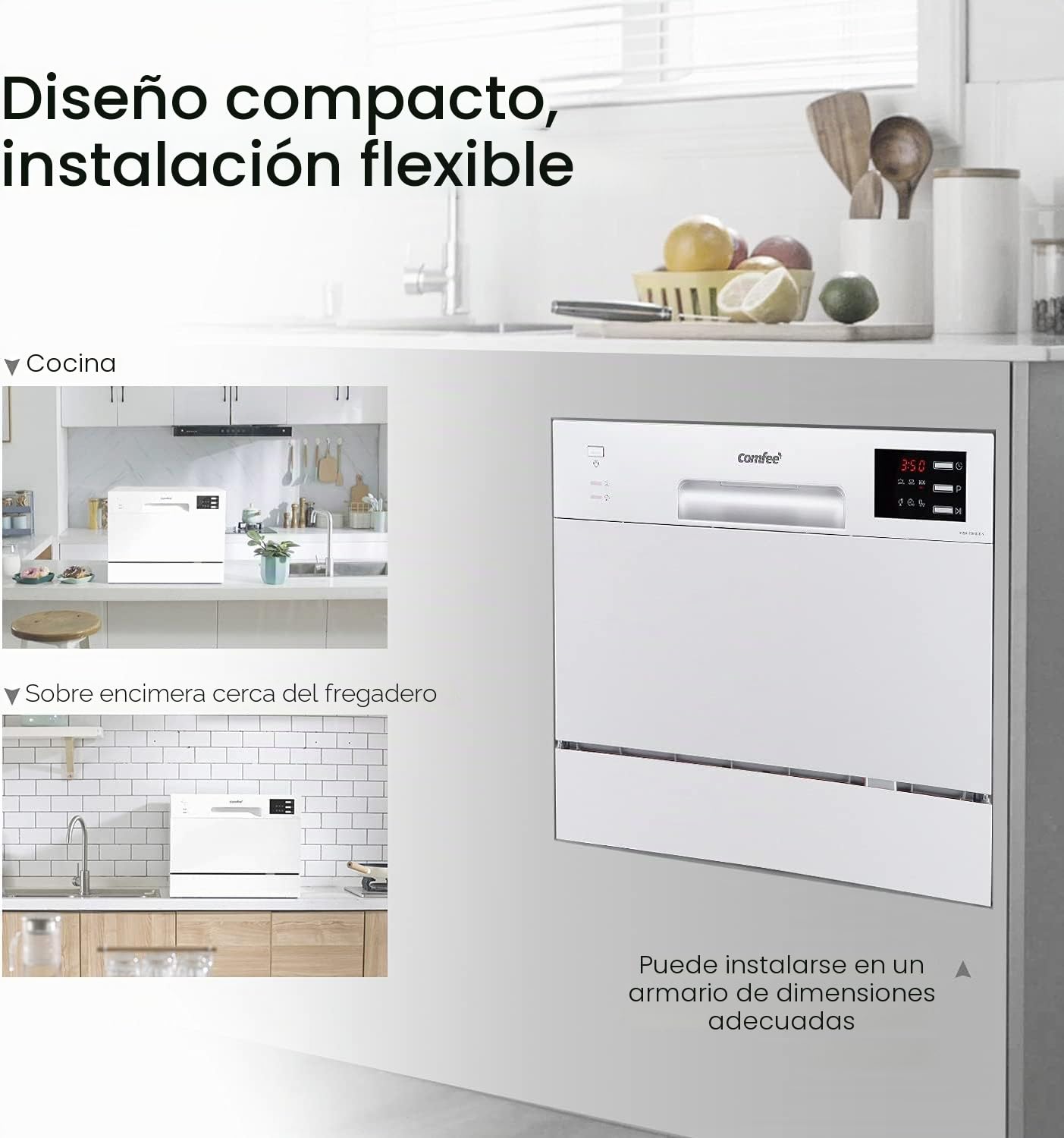 COMFEE' Lavastoviglie compatta da tavolo TD602E-W Mini lavastoviglie con 6 coperti, 6 programmi, display a LED, avvio ritardato e funzione di lavaggio nelle Ore non di Punta - Bianco