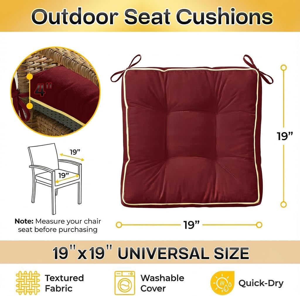 4 Pack 19x19 Inch Shredded Foam Chair Cushions with Straps - All-Season Seat Pads for Indoor/Outdoor Dining, Office, Patio, Kitchen Chairs (RED, 19 INCH × 19 INCH)