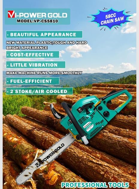 Image of CHAINSAW Premium Titanium Chain, Guide Bar & Carburetor | Woodcutting Saw for Farm, Garden & Ranch with Tool Kit (GREEN BODY)