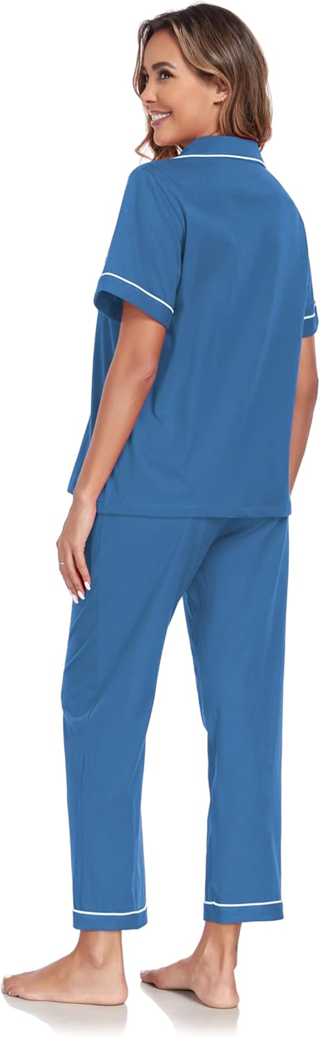 COLORFULLEAF Women's 100% Cotton Pajamas Set Button Down Sleepwear Short Sleeve Shirt and Long Pants Soft Ladies Lounge Sets - Image 5