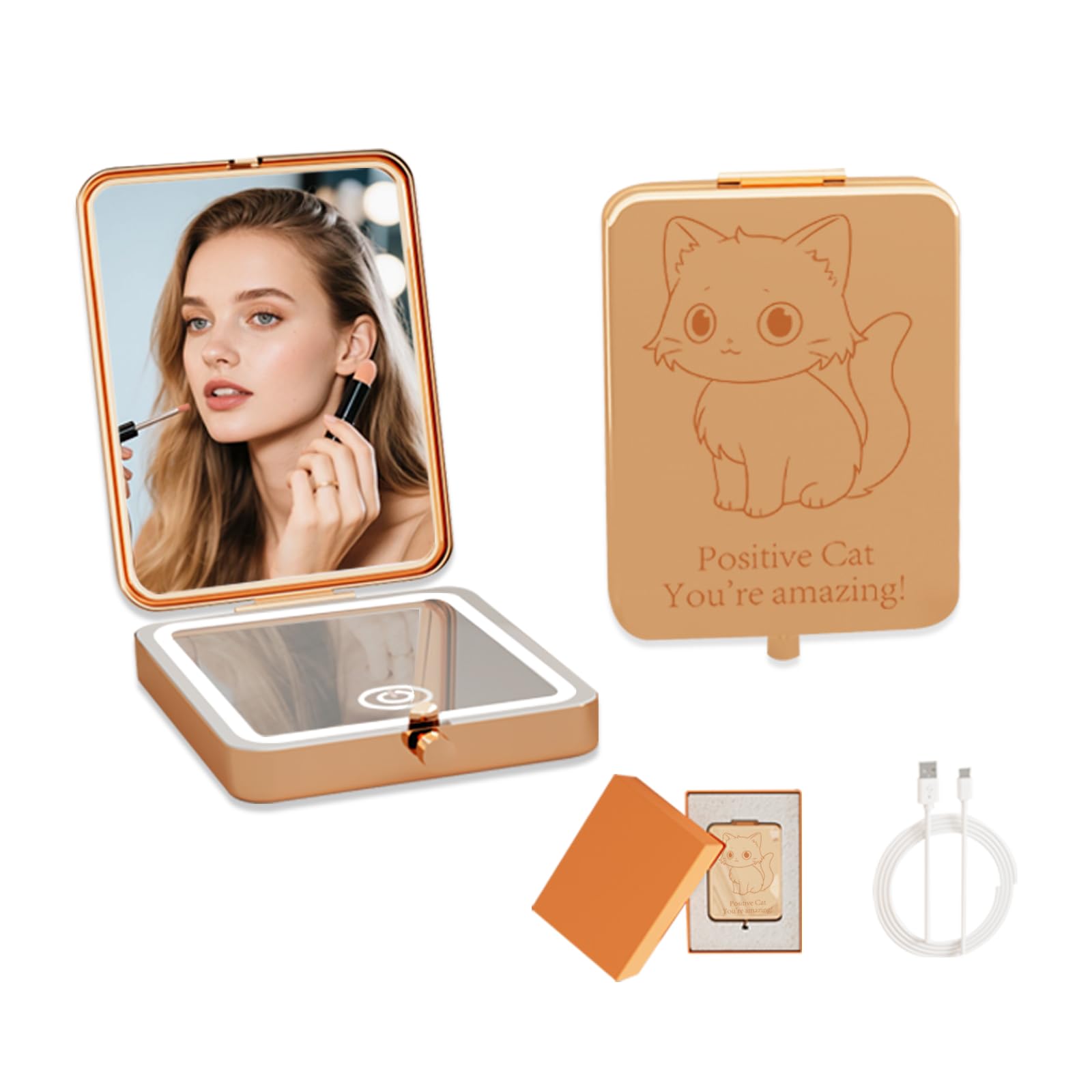 Compact Mirror with Light,1X/3X Magnification LED Pocket Mirror with USB Data Cable,Mini Mirror for Purse Pocket,Travel and Gifts, Small Cute Portable Folding Handheld Mirrors for Women (Cat)