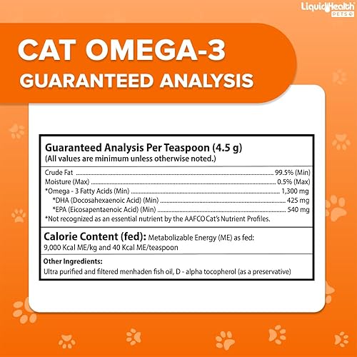 Miniatura 5 de Liquid Health Pets Purr-Fection Omega 3 - Aceite de pescado para gatos - Omega 3 líquido para gatos con EPA+DPA+DHA, suplemento Omega 3 para gatos