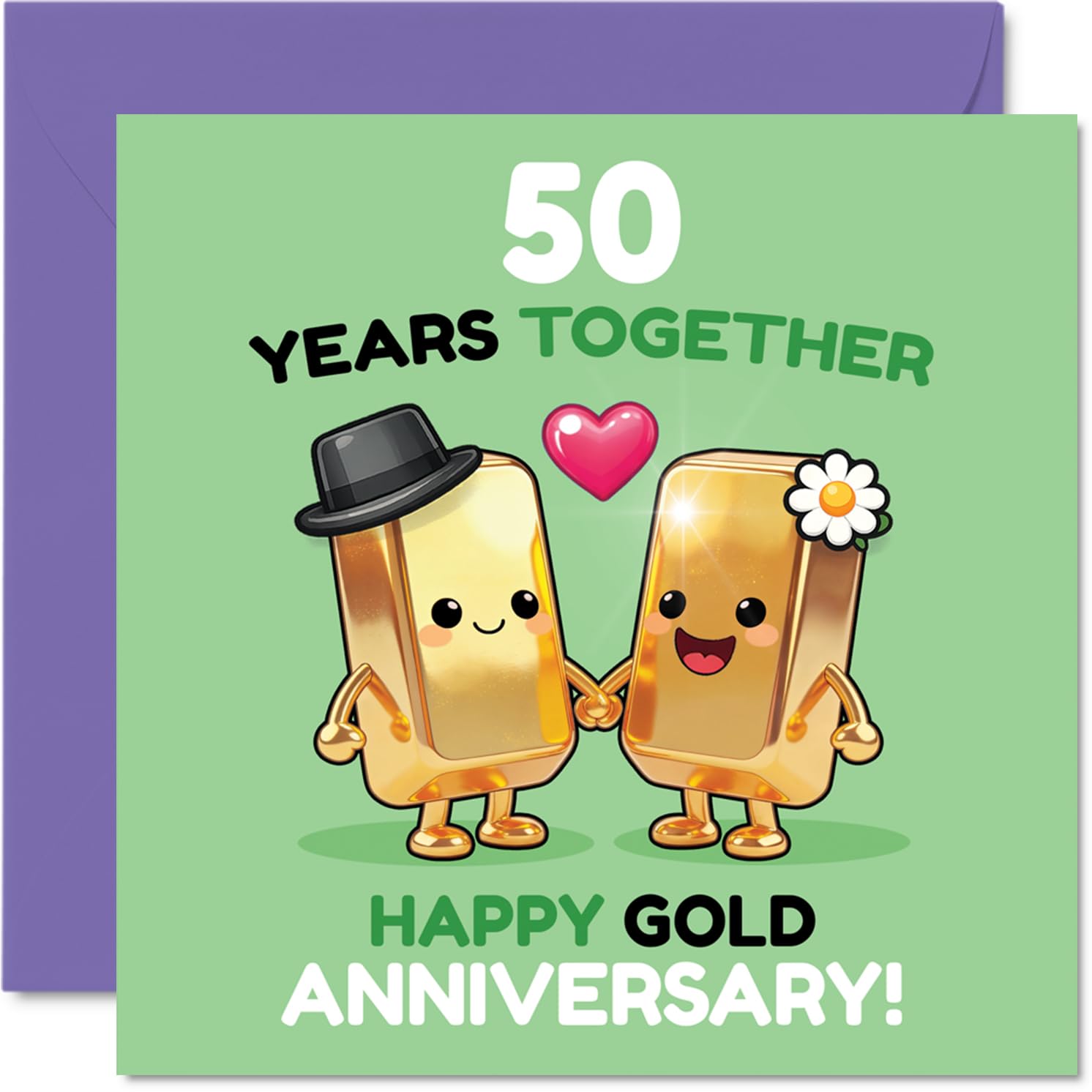 Playful 50th Anniversary Card - Fifty Years of Sparkle - Cute Gold Bars Holding Hands Design - a Golden Touch for a Big Milestone - 145mm Square, Envelope Included