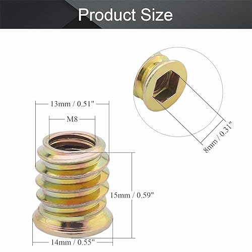 Miniatura 2 de MroMax Insertos roscados hexagonales, rosca interna M8, unidad hexagonal con brida de 0.59 pulgadas de longitud, tuerca roscada, insertos de madera