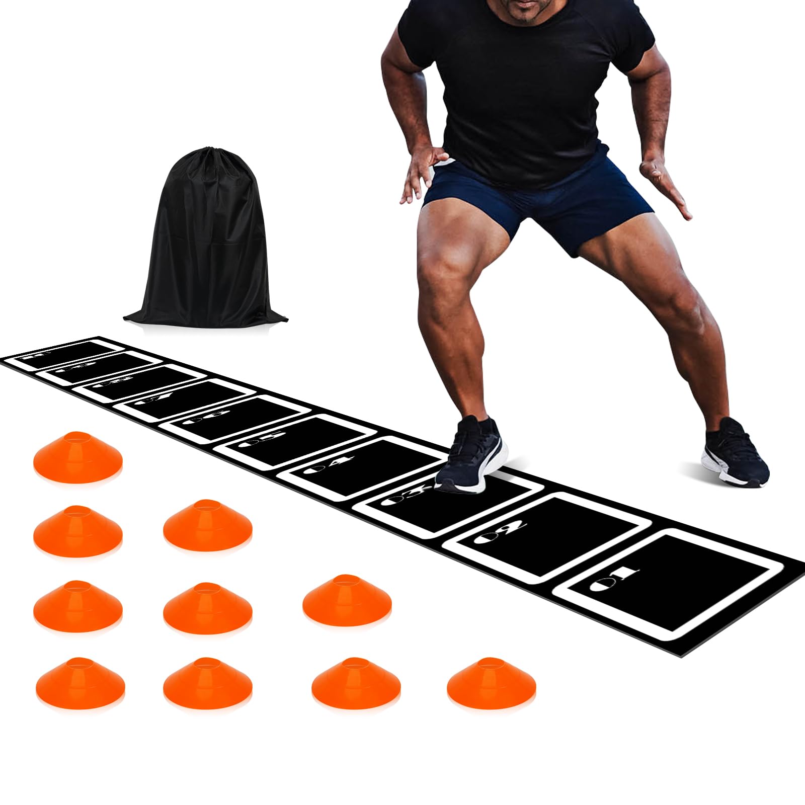 Agility Set:Fußballmatte Trainingsmatte, Fußball Trainingszubehör, 4.5m Fußball Schritt Trainingsmatte, mit 10 Hütchen und Aufbewahrungstasche, Trainingsset Equipment Zubehör Fußballtraining