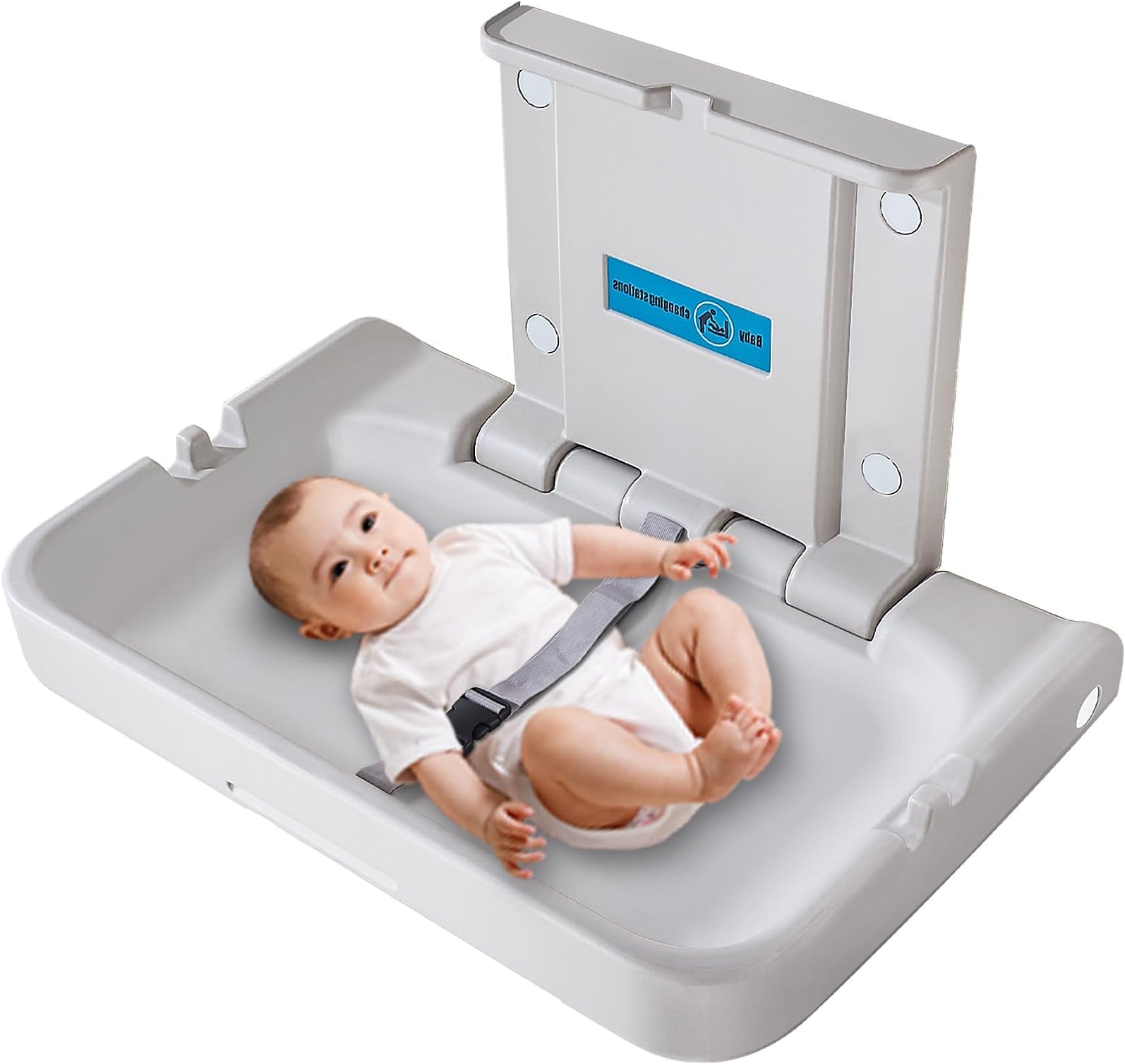Baby Changing Station Wall Mounted, Baby Changing Table with Safrty Strap, HDPE Fold-Down Diaper Changing Station Table, Foldable Diaper Changing Unit for Commercial Bathroom Restroom,