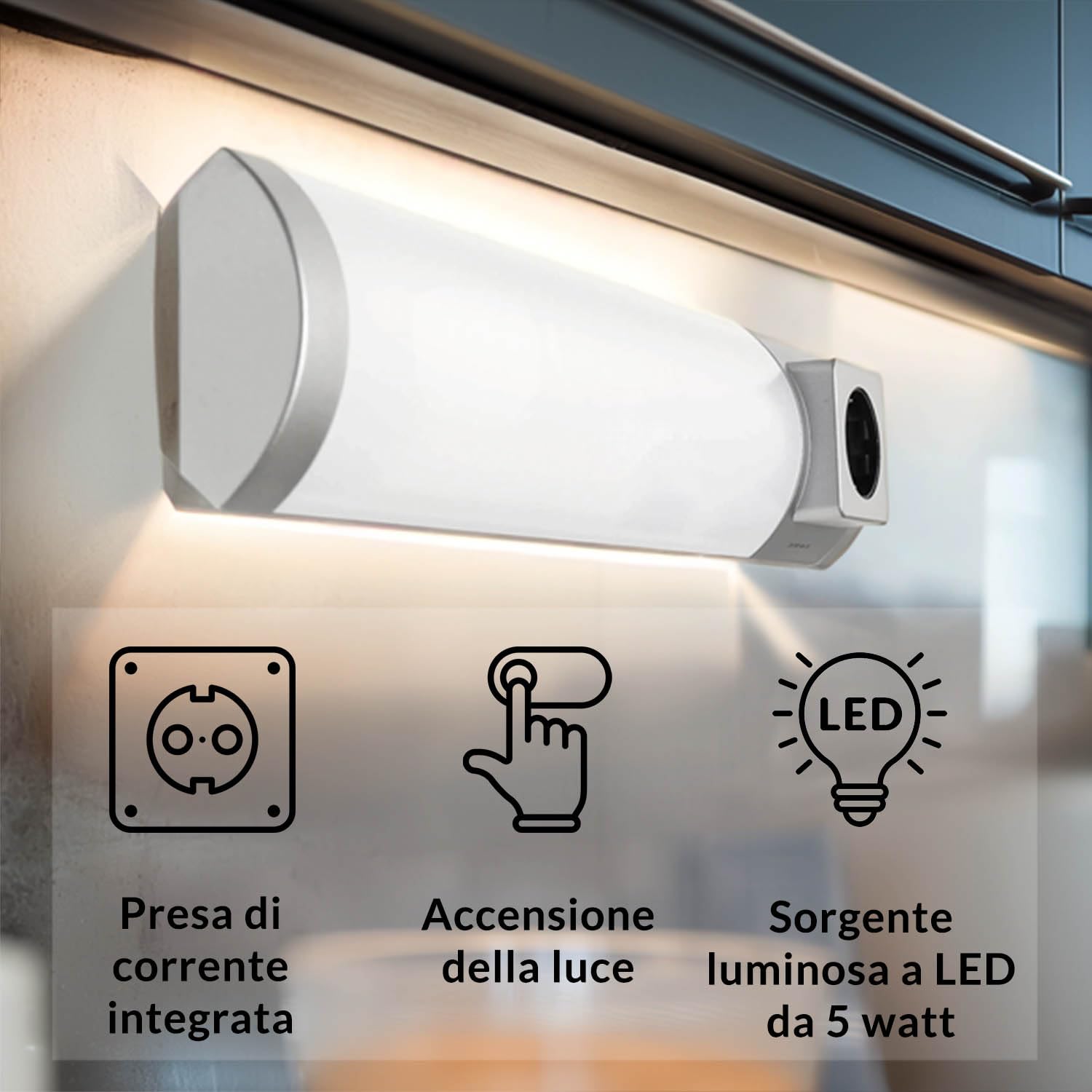Lampada sottopensile cucina Lampada da prete con presa di corrente color argento bianco Luce LED 5 W integrata con luce calda L:45 cm per cucina bagno