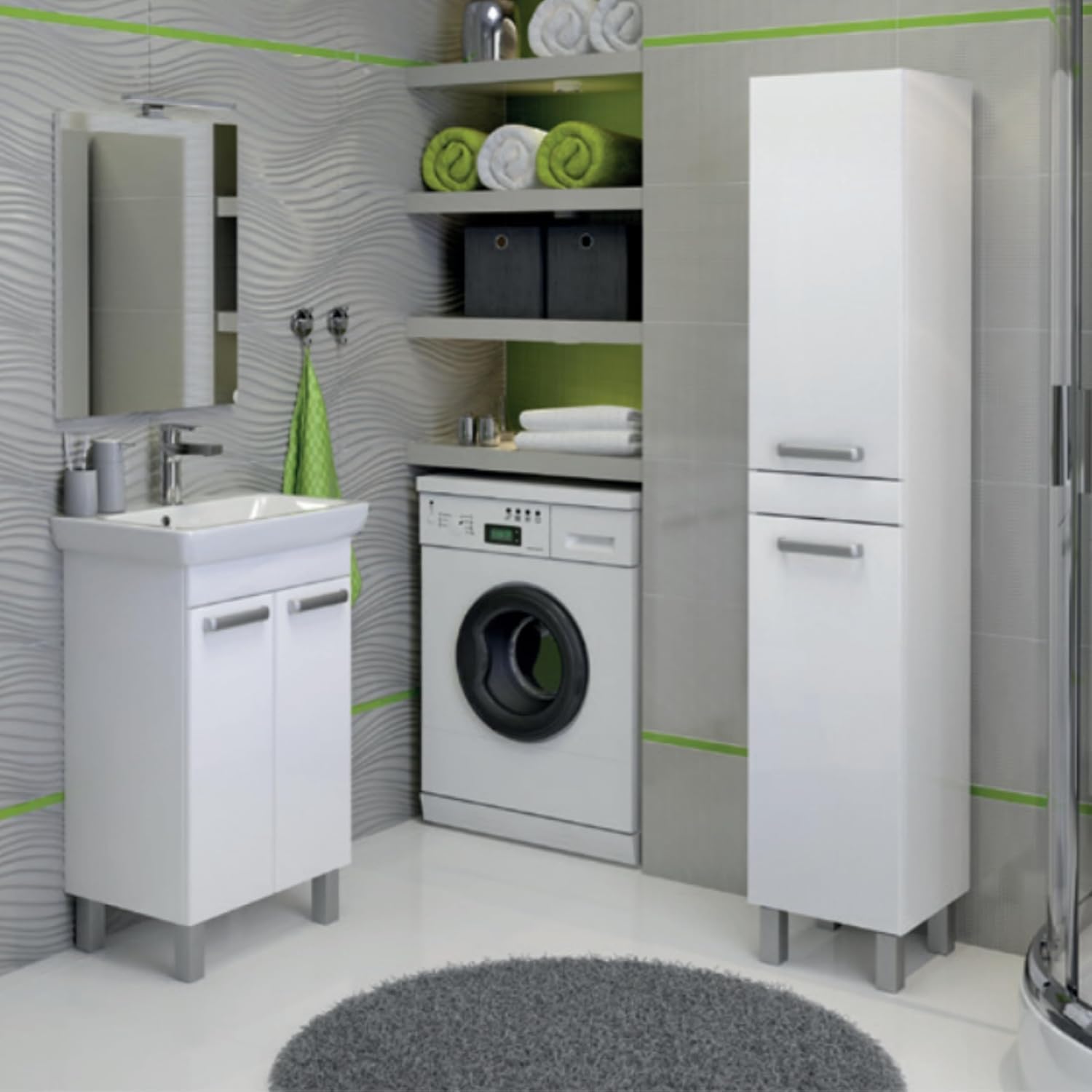 .Deftrans - Umywalka z szafką stojąca 55 cm zestaw – meble łazienkowe wysoki połysk biały – umywalka z szafką i umywalką ceramiczną – w zestawie chromowana bateria, syfon i lakier zatrzaskowy - 34,5 t