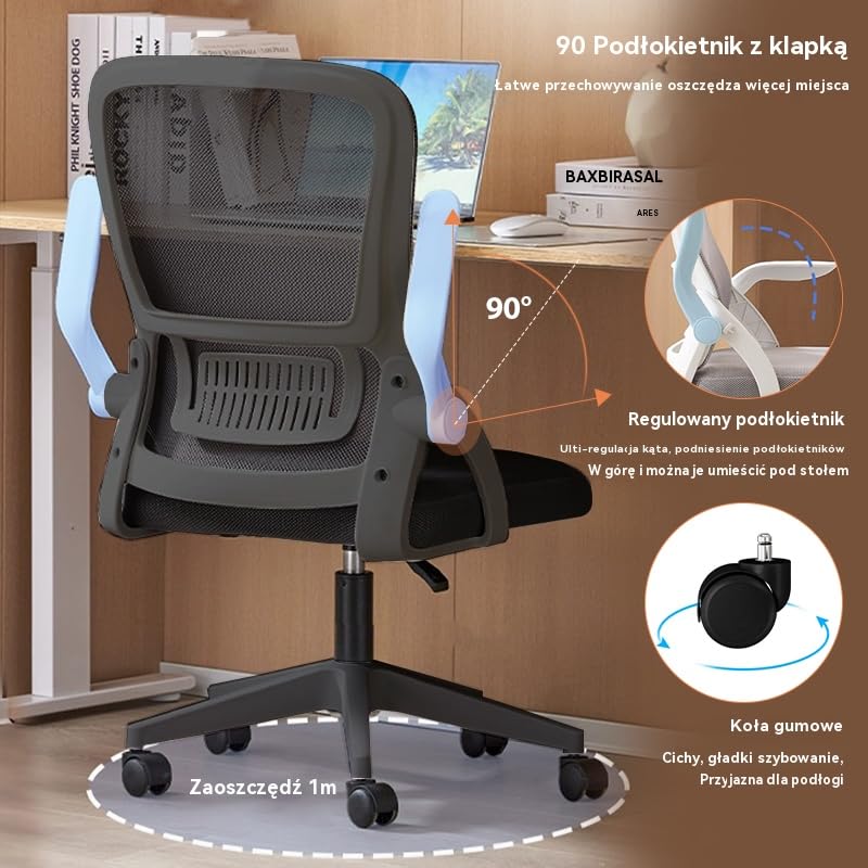 Krzesło Biurowe,Ergonomiczne Obrotowe Krzesło z Oddychającej Siatki z Podnoszonymi Podłokietnikami i Wsparciem Lędźwiowym do Komputera - Domowe Biuro(Czarny)