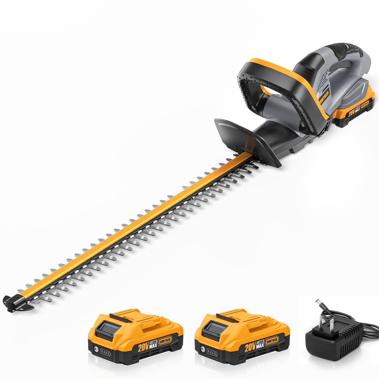 Alloyman Cortasetos de 20 V inalámbrica, recortadora de setos eléctrica de 22 pulgadas con 2 baterías de 2.0 Ah y cargador, recort
