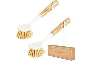 2 Pack Cleaning Brush for Dishes with Durable Bamboo Handle and Built-in Scraper
