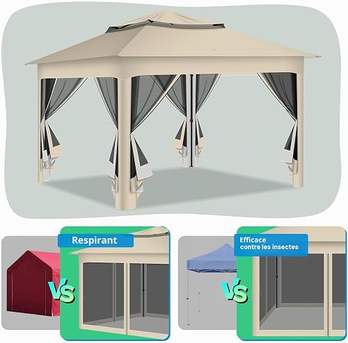 Jaxguom Gazebo da giardino, 3 x 3 m, impermeabile, stabile, doppio tetto, con telaio in metallo, per 2-4 persone (beige) - 3