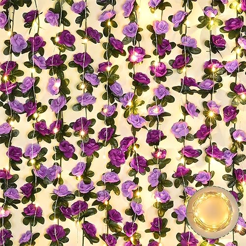 BLEUM CADE 5Pcs 16.4Ft Fake Flower Garland Faux Rose Vines with Lights