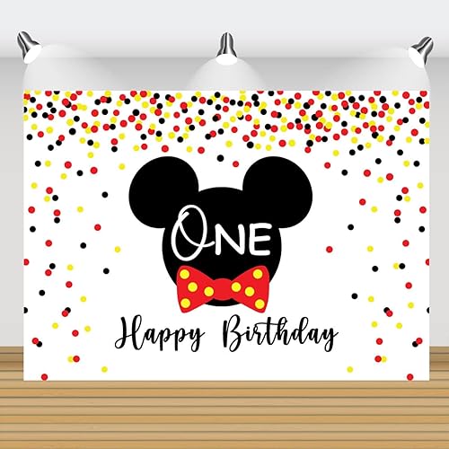 Miniatura 3 de Telón de fondo de ratón para niños diseño de lunares negros y rojos y dorados decoración de fiesta de feliz cumpleaños suministros de pancarta 5 x 3