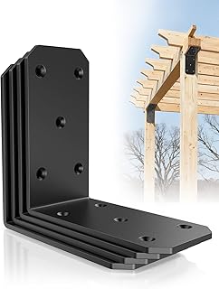 5 Inch Heavy Duty L Brackets - 90 Degree Corner Braces for Wood Posts, Shelves, Fences & Pergolas - Metal Angle Brackets for Floating Shelf, Countertop & Framing Support (Black-4 Pcs)