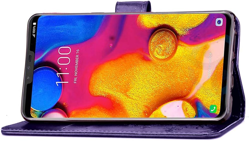 ISADENSER LG V40 ThinQ Case LG V40 Case Clover Design with Magnetic Closure Credit Card Slot Holder [Kickstand] Flip Folio Embossed PU Leather Wallet Case Cover for LG V40 ThinQ Lucky Clover Purple