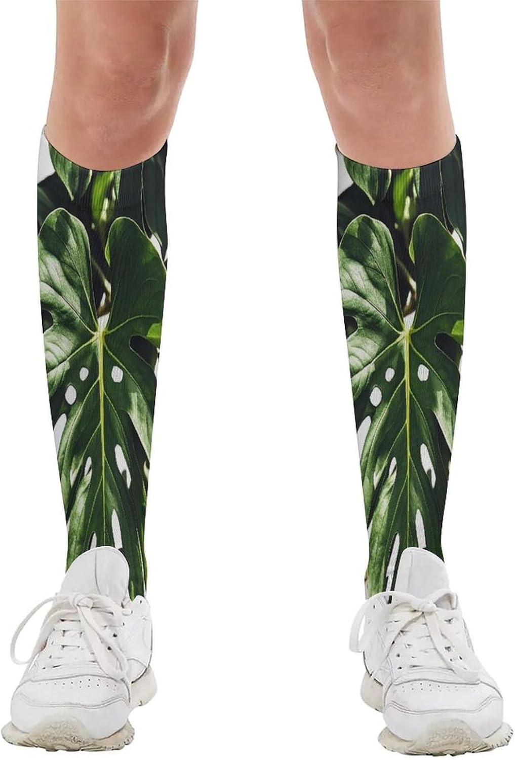 Black Green Leaves Compression Sock Breathable Support Socks Lightweight Knee High Tube Socks for Women Men