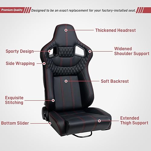 Miniatura 5 de Racing - 2 asientos de cubo reclinables con 2 deslizadores, asientos deportivos universales de piel sintética ajustable para automóviles (negro y