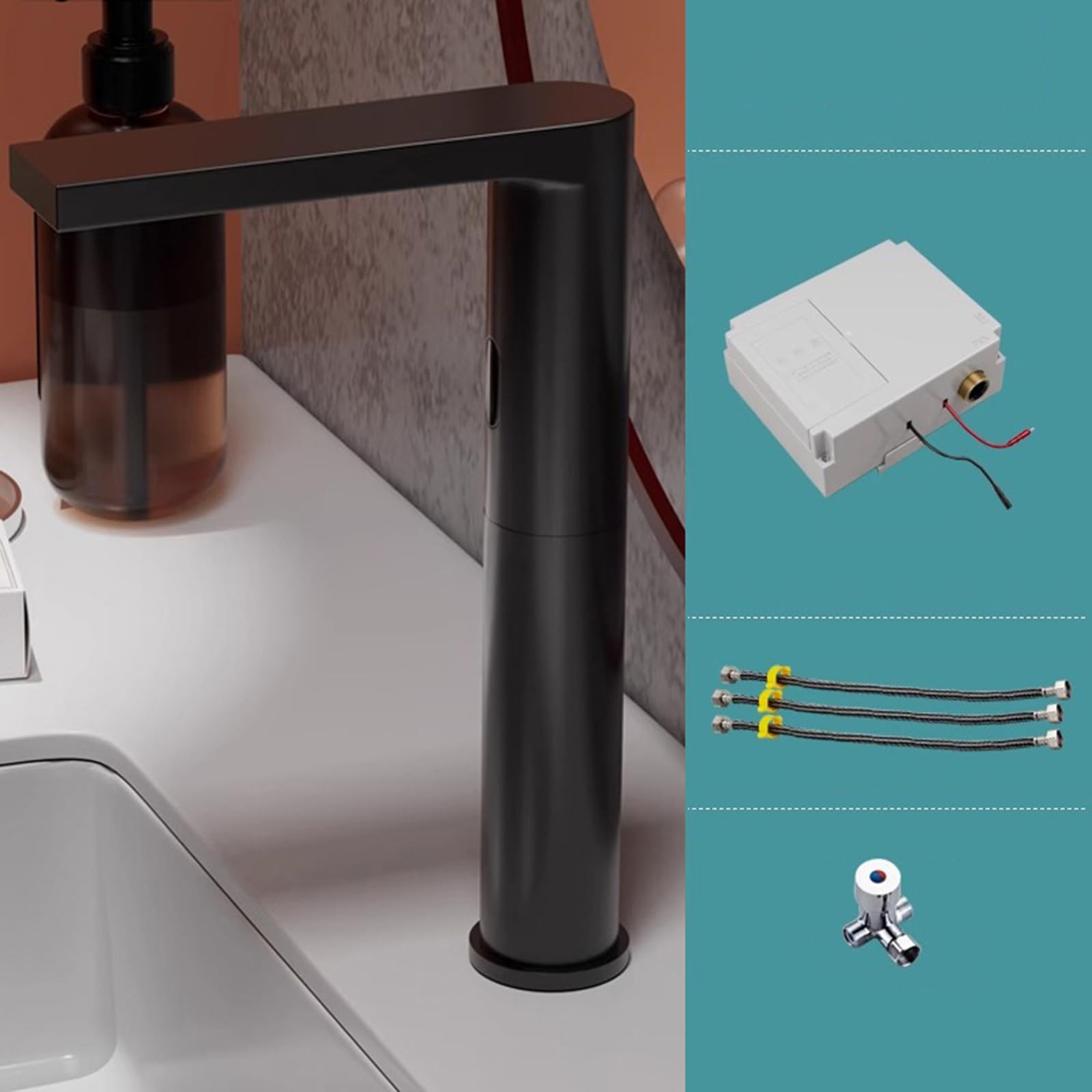 XJTNLB Wasserhahn Bad Automatik Waschbecken Armaturen Infrarot Schwarz Waschtischarmatur Hoch Sensor Batteriebetrieben Wasserhahn Warm Kalt