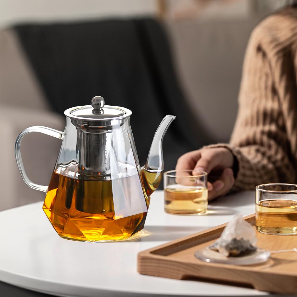 Teiera, teiera in vetro, teiera con colino, teiera in vetro resistente al calore, 1 l, teiera in vetro antigoccia, per tè e fiori di tè, incluso setaccio fine (1000 ml)