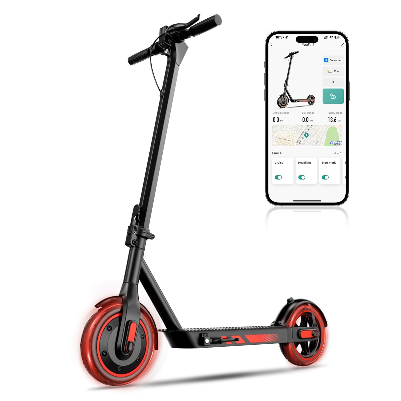 Monopattino Elettrico per Adulti, Pneumatici 10", Motore Potente 500W, Autonomia fino a 40 km, Velocità Massima 25 km/h, Doppio Sistema di Illuminazione e Freni a Tamburo, Controllo via App Smart
