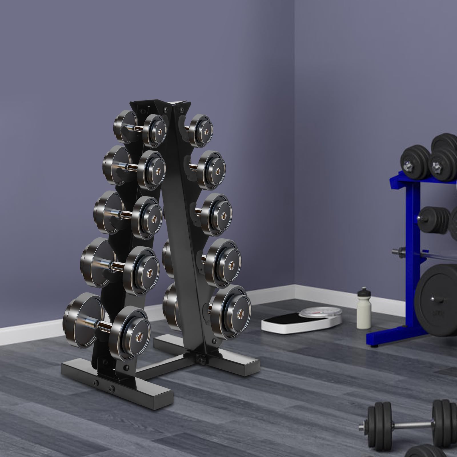 Supporto per manubri a 5 ripiani, in acciaio, 100 kg, con telaio ad A, 34 x 32 x 65 cm, salvaspazio, sottile, 13,39 pollici, antiscivolo in gomma, stabile per la casa, la palestra, l'allenamento della