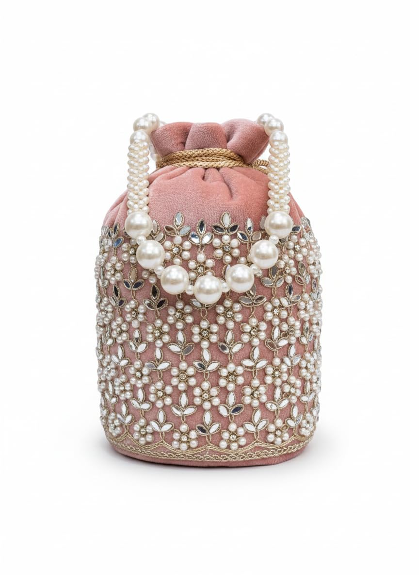 De Elmore Pink Velvet Bridal Potli Bag with Pearl Handle & Mirror Work - Handcrafted Ethnic Wedding Clutch for Women - Traditional Festive Drawstring Pouch Batwa-image-43