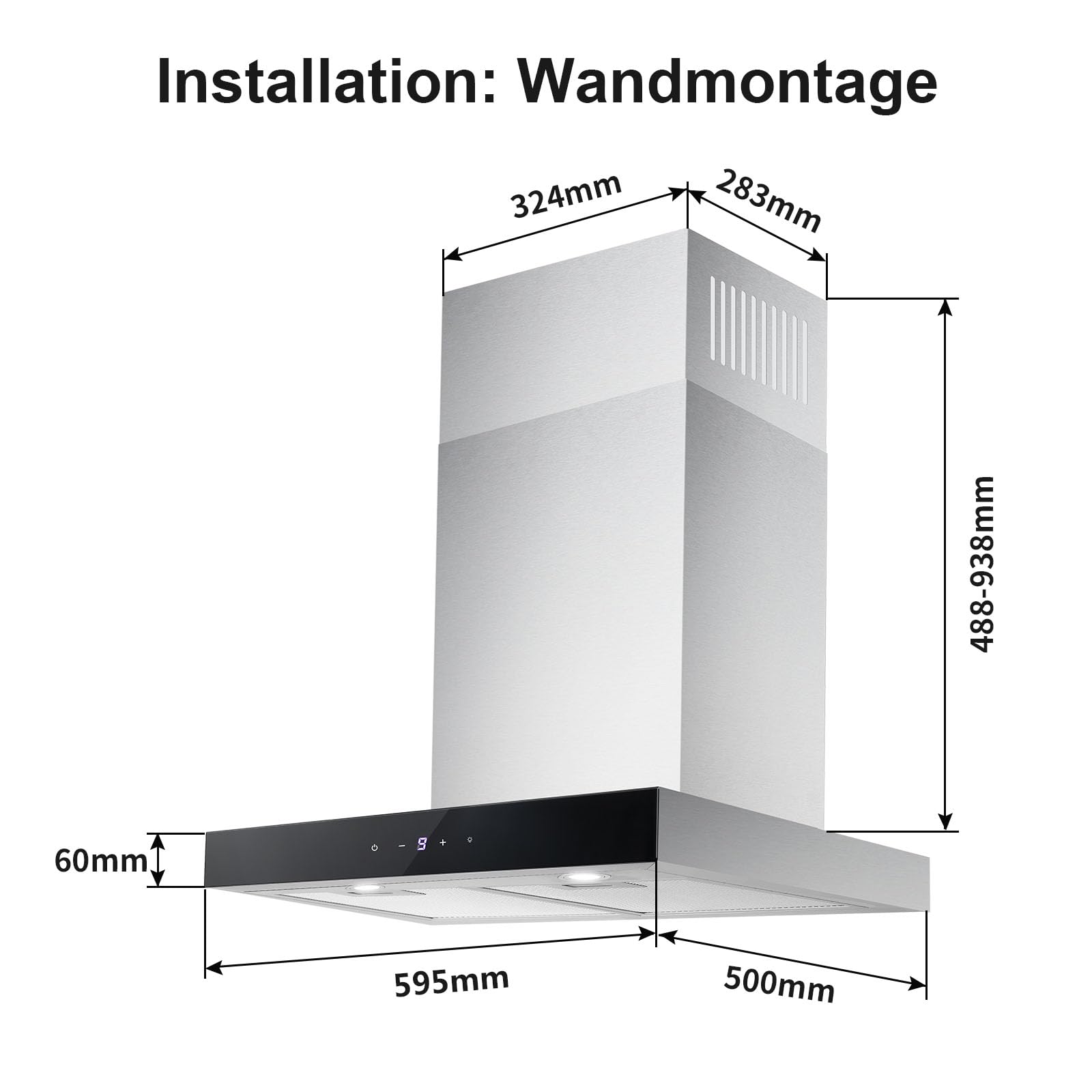 Dunstabzugshaube 60cm TopStrong, Dunstabzug mit 700 m³/h Luftstrom, Edelstahl, 9 Stufen Soft Touch Steuerung, 2W LED-Licht, Abzugshaube Umluft/Abluft