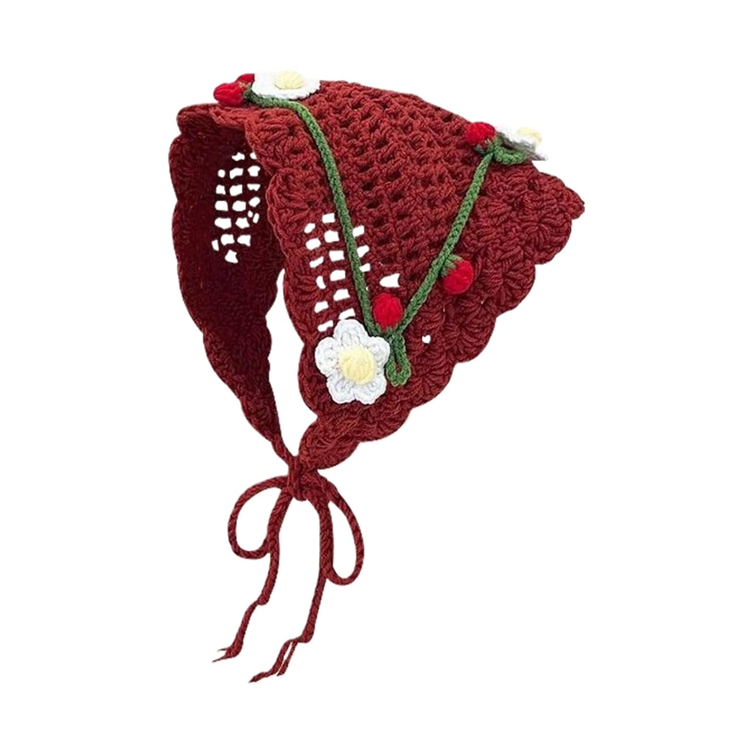 Crochet Flower Pattern Headscarf Crochet Hair Kerchiefs Tie Back Hot Day Spring Traveling Turban for Girls Photography(Burgundy)