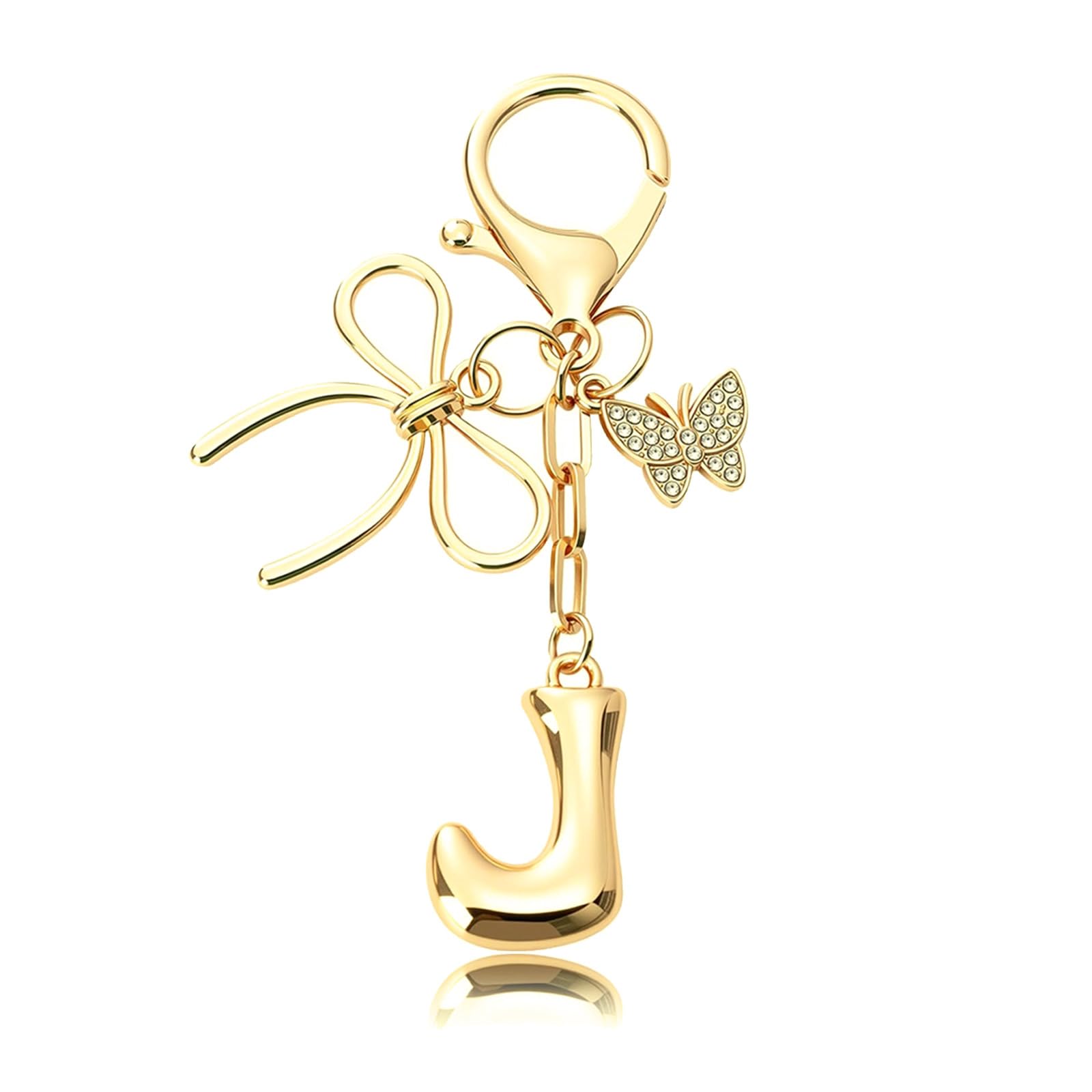 AIKOBAA Gold Letter J Keychain with Bow & Butterfly - Cute Initial Bag Charm for Women, Purse Charms Gold for Tote Bags and Handbags (J)