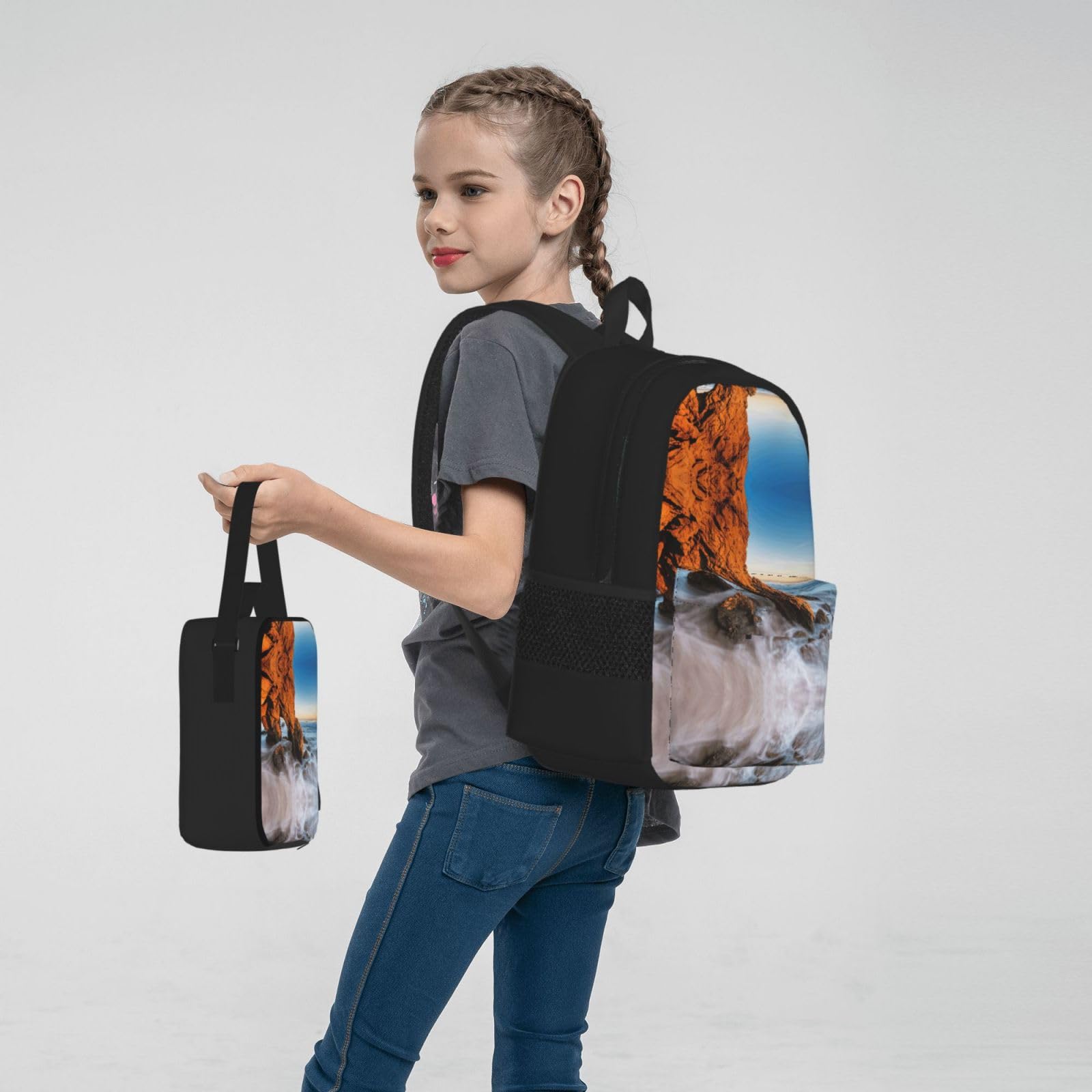Plaża Malibu plecak dziecko chłopcy dziewczęta pudełko na lunch szkoła torba zestaw uczniów szkoły student prezent, Czarny, One Size, Bagaż