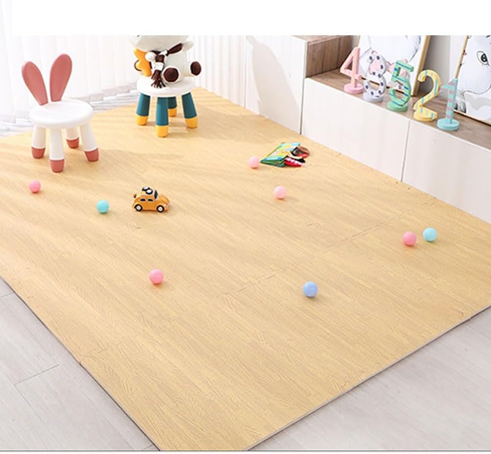 1cm Thick Kids Soft Wood Grain Foam Mats, Children Play Mat Floor Tiles with Border, Interlocking Puzzle Mats Foam Carpet, Floor Protection Pad(Beige,9PCS)