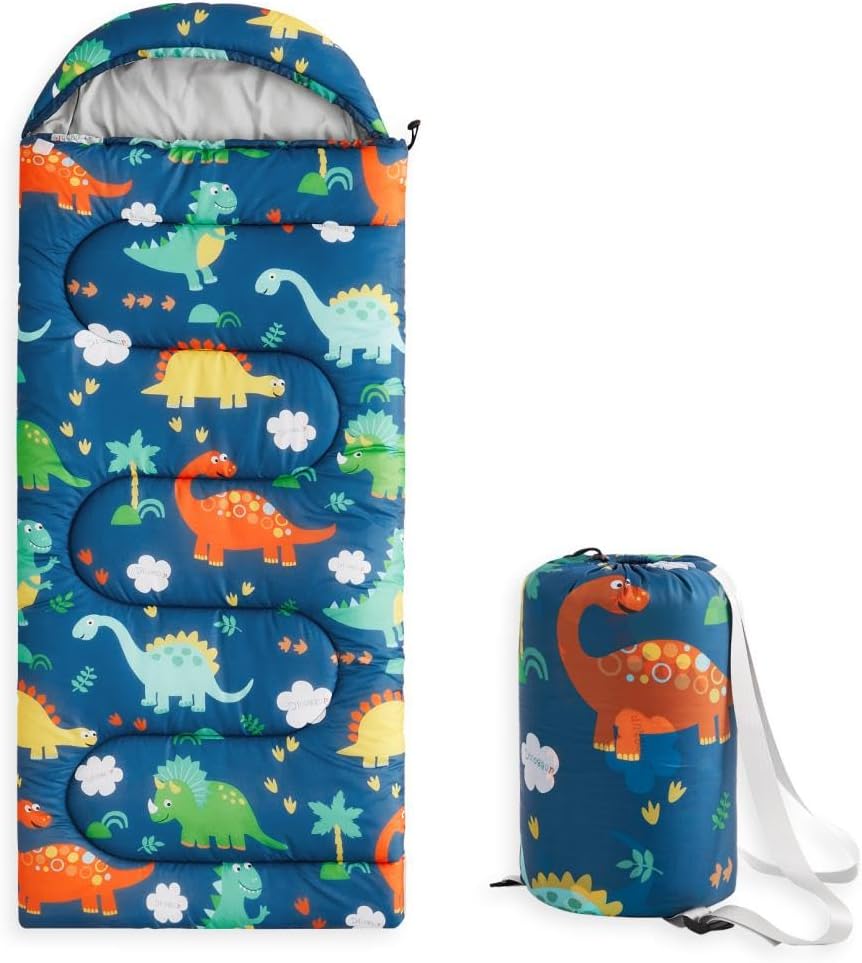 Wake In Cloud - Kids Sleeping Bag for Boys Toddlers, Camping in Warm Cold Weather, Backpacking Lightweight Compact Outdoor Liner for 3 Seasons, Cartoon Jurassic Dinosaur
