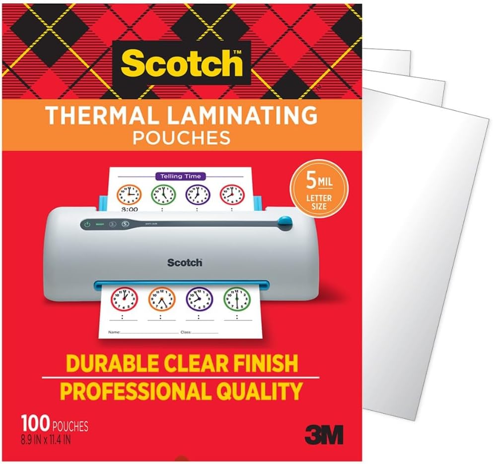 Scotch Thermal Laminating Pouches, 5 Mil Thick For Extra Protection, 100-Pack, 8.9 X 11.4 Inches, Letter Size Sheets, Clear (Tp5854-100)