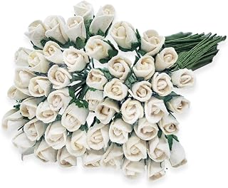 ChangThai Design Tiny ¼ Inch Diameter White Rosebud Paper Rose 50 Pieces Bunch of Flowers for Scrapbook Craft Mulberry Paper Mini Artificial Flower Card Wedding Dollhouse Décor