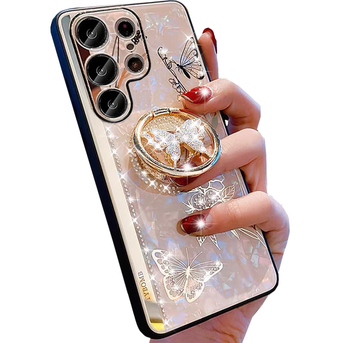 Changjia for Samsung Galaxy S25 Ultra Glitter Kickstand Case,Cute 3D Bling Marble Conch Floral Butterfly Ring Stand Mirror Elegant Shockproof