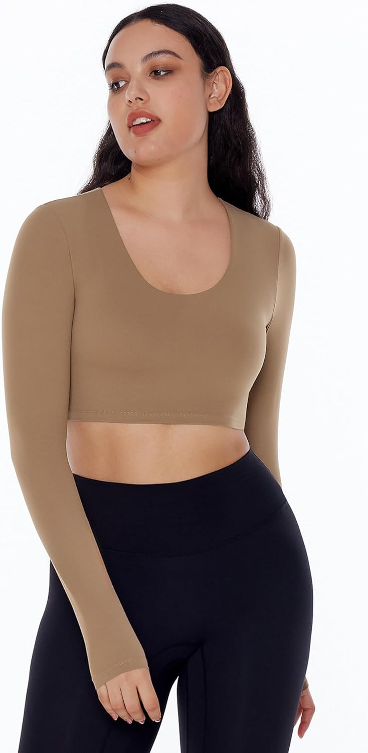 Long Sleeve Crop Tops for Women Workout Tee Built in Bra Cream Feeling Athletic Mild Support U Neck Cropped Shirts - Image 5