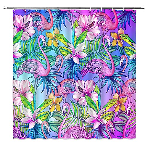 Gixkoxe Flamingo Shower Curtain Tropical Palm Leaves Flower Watercolor Colorful Exotic Floral Botanical Plant Bathroom Decor Curtain Polyester With Hook #TOP2