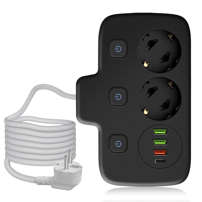 Anluomafuy Ciabatta Multipresa Elettrica con Interruttori, Multipresa a 6 Posti, 2 Schuko, 3 USB-A e 1 USB-C, 2500W 10A, Prese Angolate a 45°, Cavo 2m, Interruttori Indipendenti